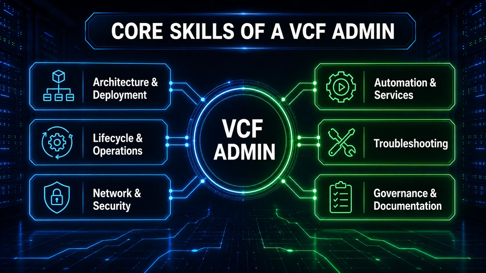 مهارت‌های اصلی یک VCF Admin در معماری، عملیات، شبکه، امنیت و اتوماسیون